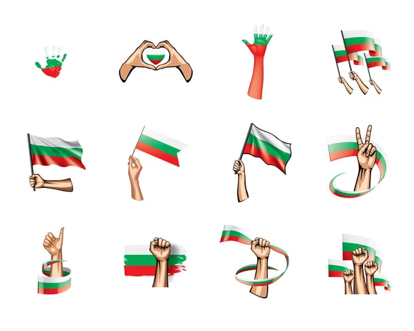 Bulgária bandeira e mão sobre fundo branco. Ilustração vetorial — Vetor de Stock