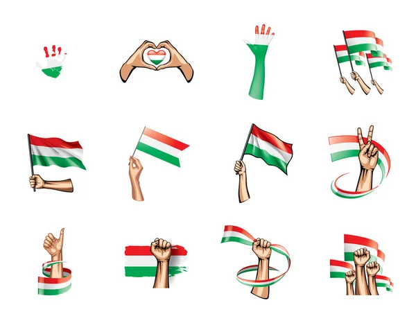 Σημαία Ουγγαρίας και χέρι σε άσπρο φόντο. Εικονογράφηση διάνυσμα — Διανυσματικό Αρχείο