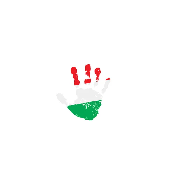 Ungheria bandiera e mano su sfondo bianco. Illustrazione vettoriale — Vettoriale Stock