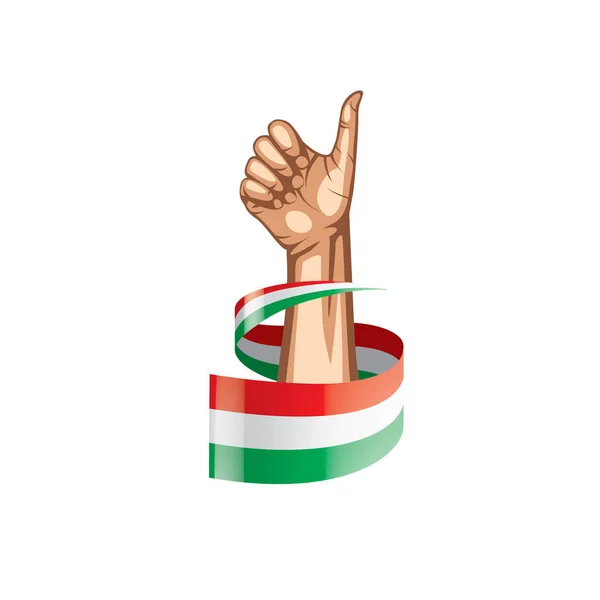 Bandeira da Hungria e mão sobre fundo branco. Ilustração vetorial — Vetor de Stock
