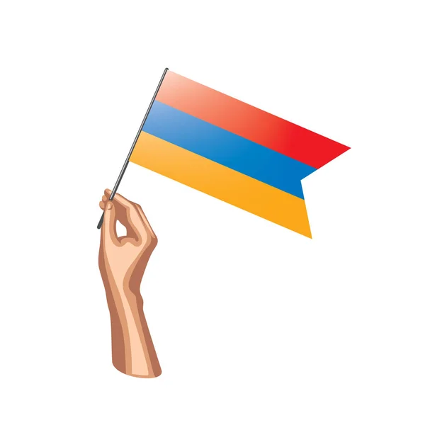 Bandera de Armenia y mano sobre fondo blanco. Ilustración vectorial — Vector de stock