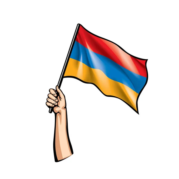 Drapeau de l'Arménie et main sur fond blanc. Illustration vectorielle — Image vectorielle