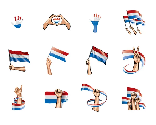 Bandera de Holanda y mano sobre fondo blanco. Ilustración vectorial — Archivo Imágenes Vectoriales