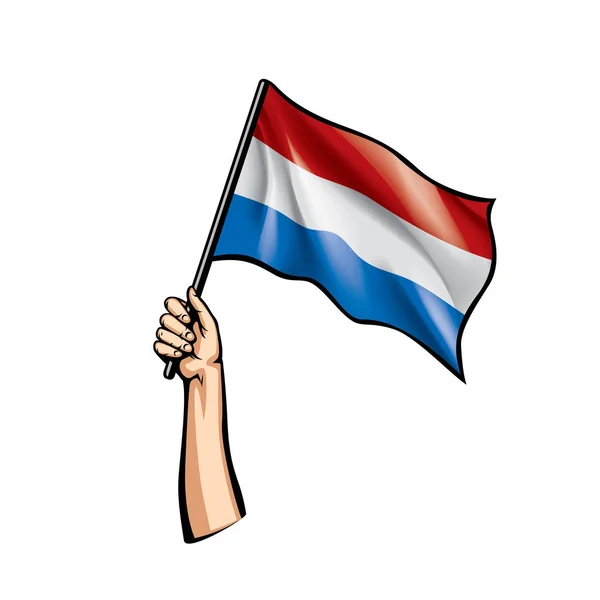 Bandera de Holanda y mano sobre fondo blanco. Ilustración vectorial — Archivo Imágenes Vectoriales