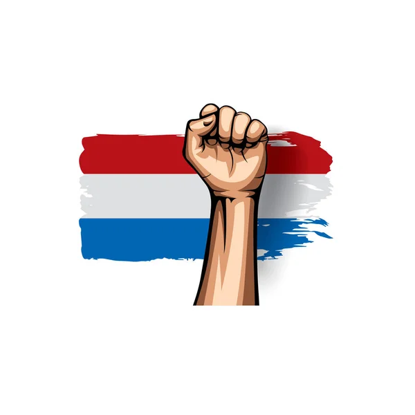 Bandera de Holanda y mano sobre fondo blanco. Ilustración vectorial — Archivo Imágenes Vectoriales