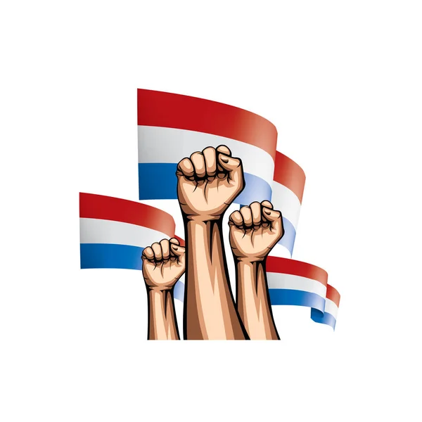 Nederlandse vlag en hand op witte achtergrond. Vectorillustratie — Stockvector