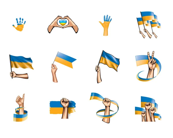 Drapeau de l'Ukraine et main sur fond blanc. Illustration vectorielle — Image vectorielle