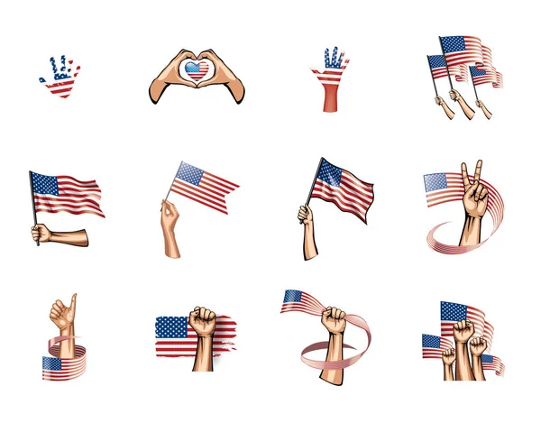 USA flagga och hand på vit bakgrund. Vektorillustration — Stock vektor