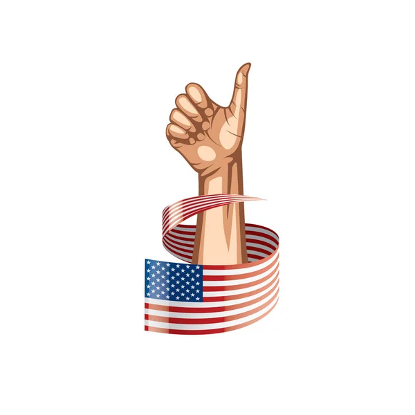 US-Flagge und Hand auf weißem Hintergrund. Vektorillustration — Stockvektor