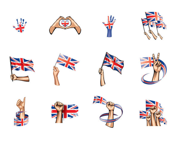 Флаг Великобритании и рука на белом фоне. Векторная иллюстрация
