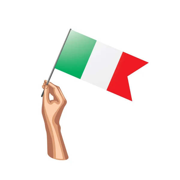 Italië vlag en hand op witte achtergrond. Vectorillustratie — Stockvector