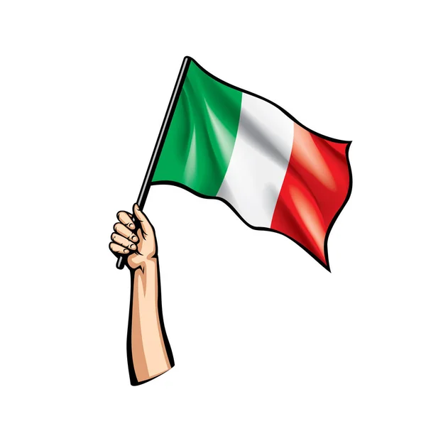 Italië vlag en hand op witte achtergrond. Vectorillustratie — Stockvector