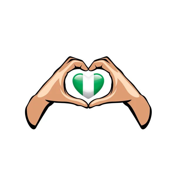 Bandera de Nigeria y mano sobre fondo blanco. Ilustración vectorial — Vector de stock