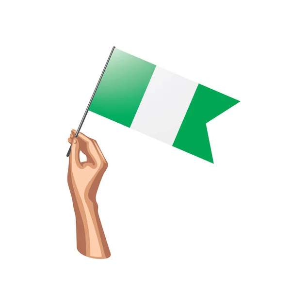 Vlag van Nigeria en hand op witte achtergrond. Vectorillustratie — Stockvector