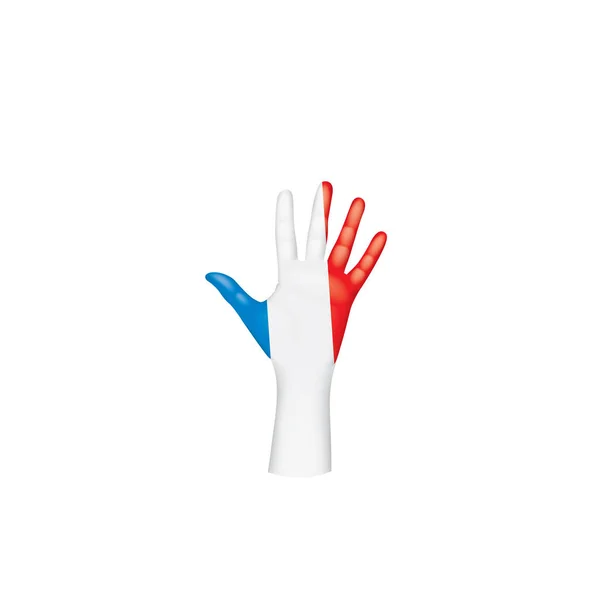 Francia bandiera e mano su sfondo bianco. Illustrazione vettoriale — Vettoriale Stock