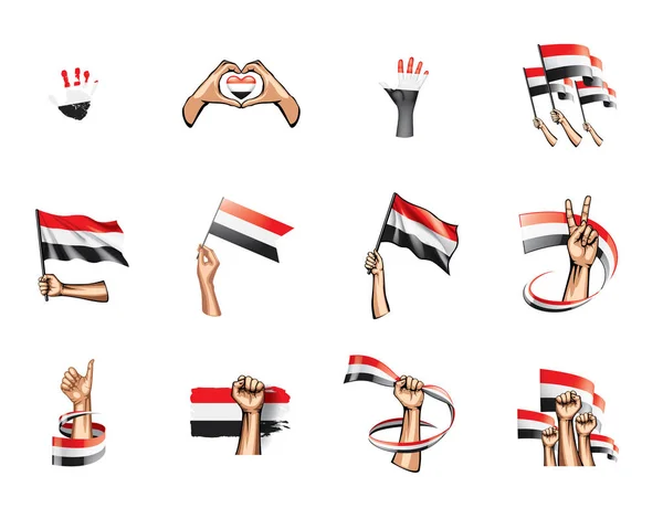 也门国旗和手在白色背景。向量例证 — 图库矢量图片