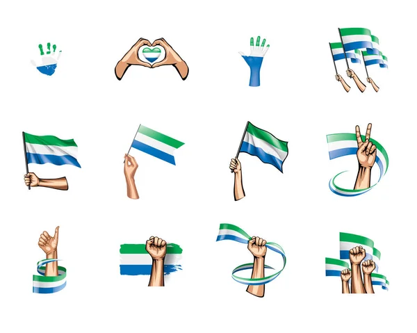 塞拉利昂旗子和手在白色背景。向量例证 — 图库矢量图片