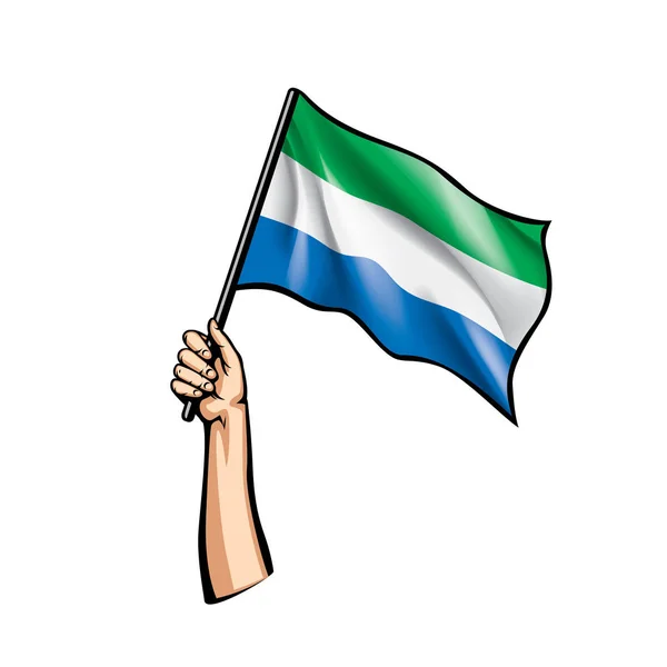 Bandera de Sierra Leona y mano sobre fondo blanco. Ilustración vectorial — Archivo Imágenes Vectoriales