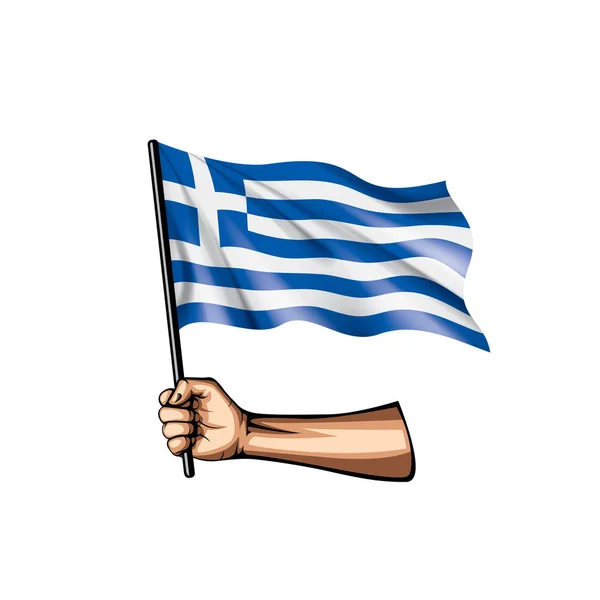 Σημαία της Ελλάδας και το χέρι σε άσπρο φόντο. Εικονογράφηση διάνυσμα — Διανυσματικό Αρχείο