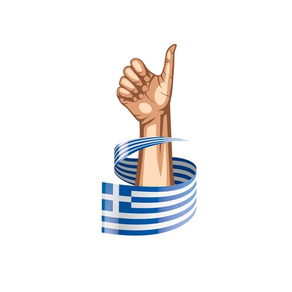 Bandeira da Grécia e mão sobre fundo branco. Ilustração vetorial — Vetor de Stock