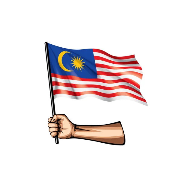 Bandera de Malasia y mano sobre fondo blanco. Ilustración vectorial — Vector de stock