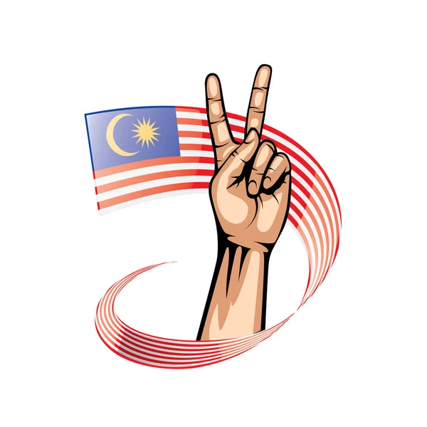 Vlag van Maleisië en hand op witte achtergrond. Vectorillustratie — Stockvector