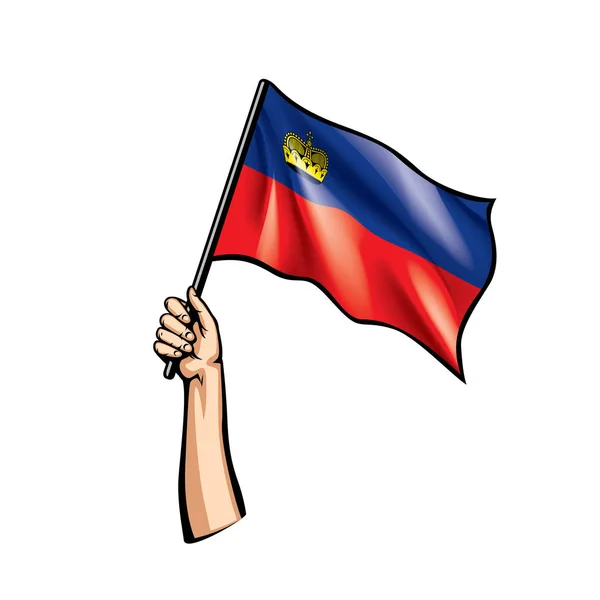 Liechtenstein bandera y mano sobre fondo blanco. Ilustración vectorial — Archivo Imágenes Vectoriales