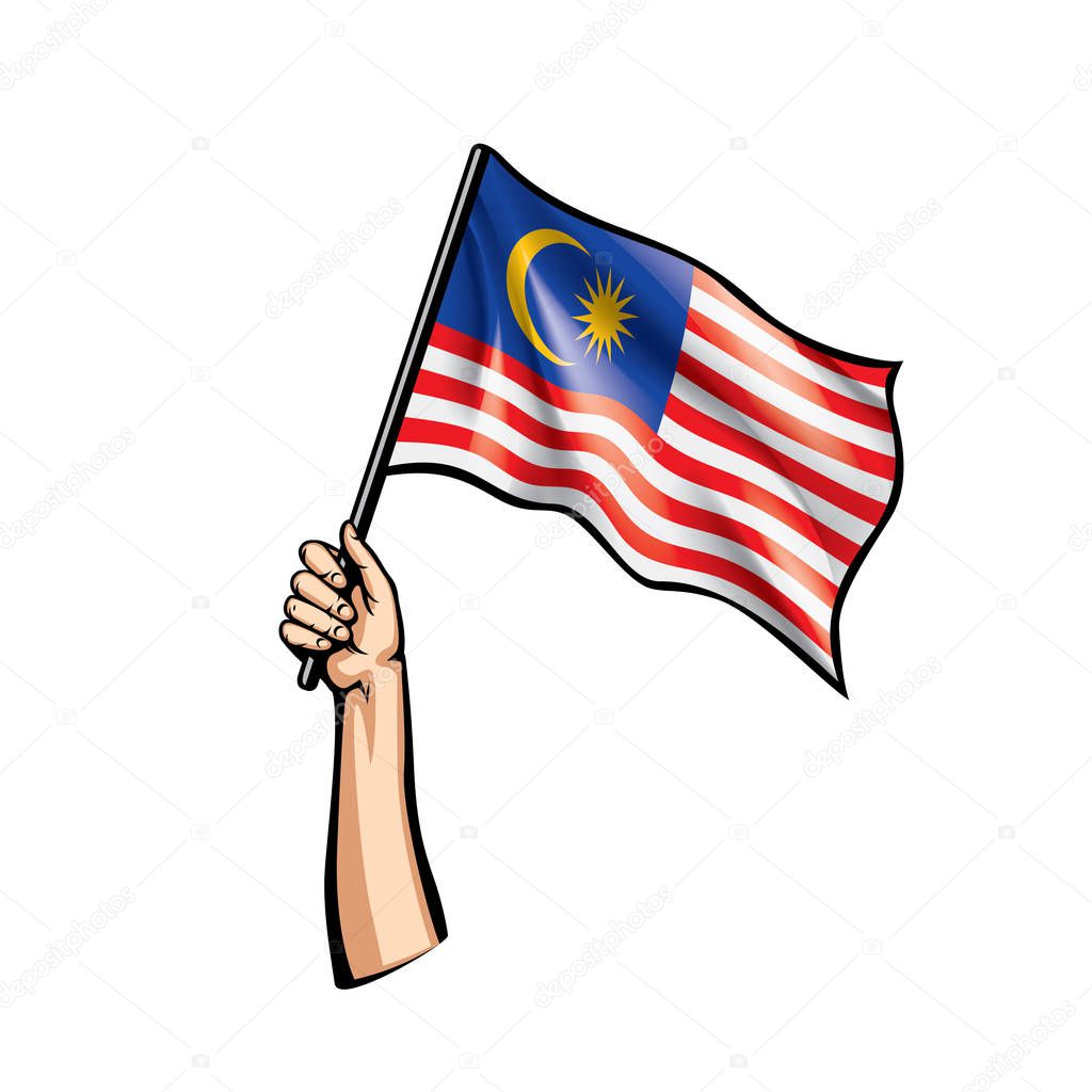 Malaysia flag and hand on white background. Vector illustration