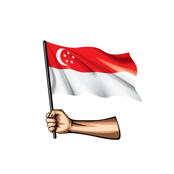 Singapore Flagge und Hand auf weißem Hintergrund. Vektorillustration — Stockvektor