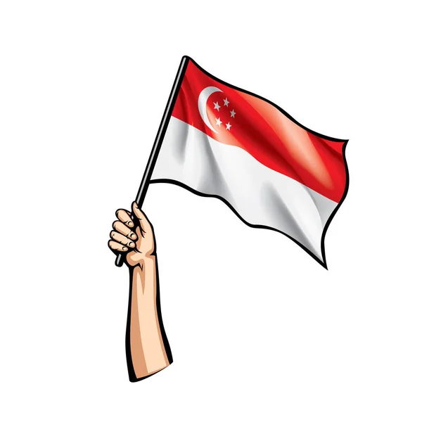 Bandeira de Singapura e mão sobre fundo branco. Ilustração vetorial —  Vetores de Stock