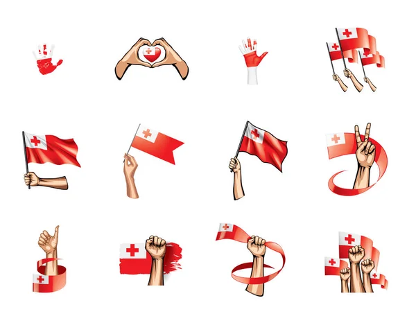 Tonga-Flagge und Hand auf weißem Hintergrund. Vektorillustration — Stockvektor