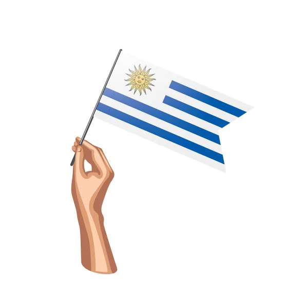 Bandera de Uruguay y mano sobre fondo blanco. Ilustración vectorial — Archivo Imágenes Vectoriales