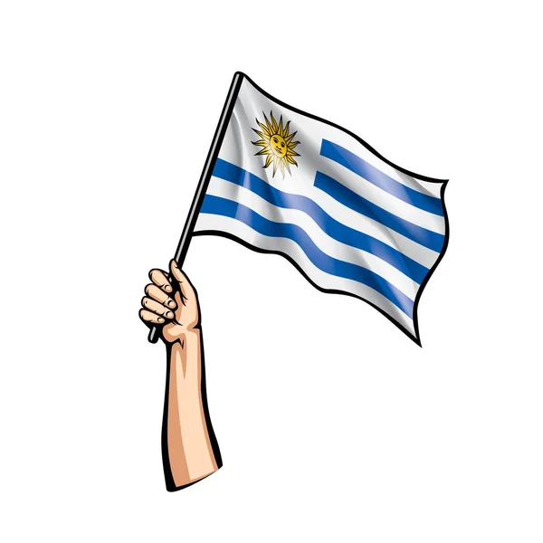 Vlag van Uruguay en hand op witte achtergrond. Vectorillustratie — Stockvector