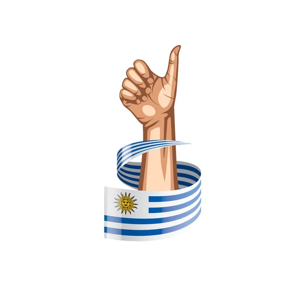 Bandera de Uruguay y mano sobre fondo blanco. Ilustración vectorial — Archivo Imágenes Vectoriales