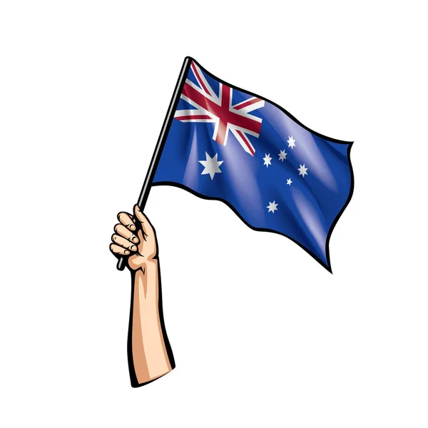 Vlag van Australië en hand op witte achtergrond. Vectorillustratie — Stockvector