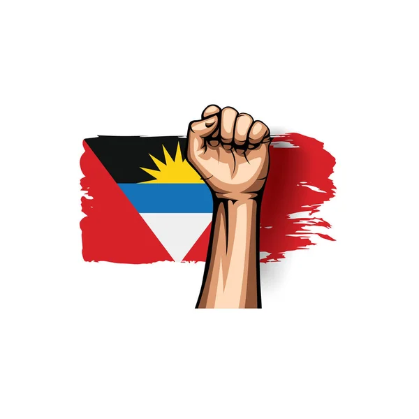 Antígua e Barbuda bandeira e mão sobre fundo branco. Ilustração vetorial — Vetor de Stock