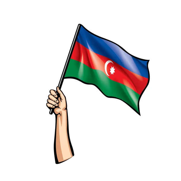 Bandera de Azerbaiyán y mano sobre fondo blanco. Ilustración vectorial — Archivo Imágenes Vectoriales