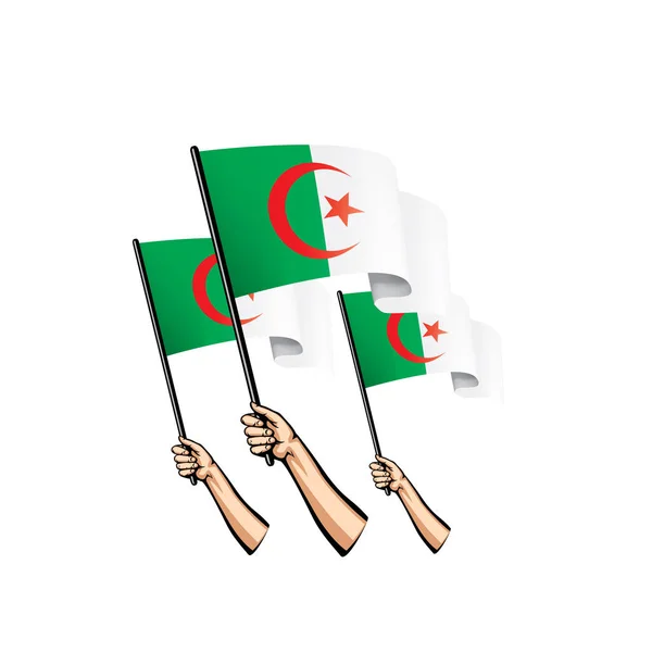 Algeria flag and hand on white background. Vector illustration — Stock Vector