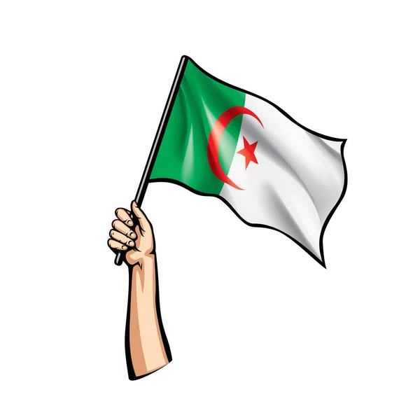 Drapeau d'Algérie et main sur fond blanc. Illustration vectorielle — Image vectorielle