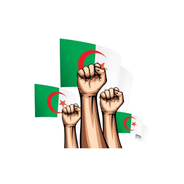 Algeria flag and hand on white background. Vector illustration — Stock Vector