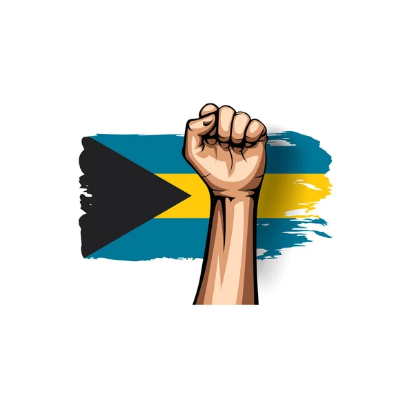 Bandeira das Bahamas e mão sobre fundo branco. Ilustração vetorial — Vetor de Stock