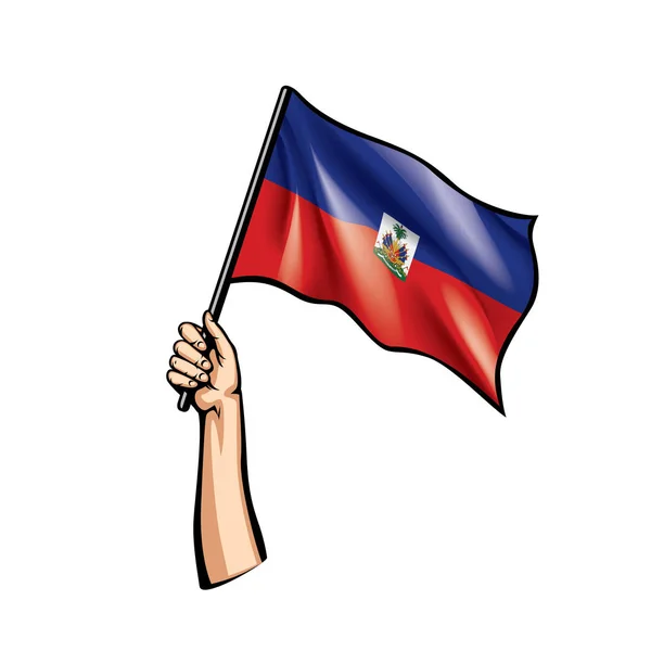 Bandiera Haiti e mano su sfondo bianco. Illustrazione vettoriale — Vettoriale Stock