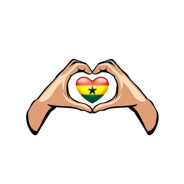 Bandera de Ghana y mano sobre fondo blanco. Ilustración vectorial — Vector de stock