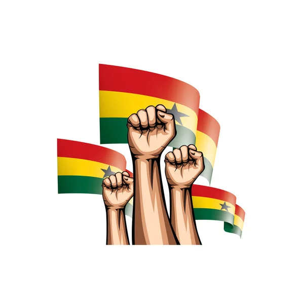 Bandera de Ghana y mano sobre fondo blanco. Ilustración vectorial — Vector de stock