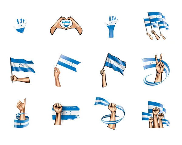 Bandera de Honduras y mano sobre fondo blanco. Ilustración vectorial — Vector de stock