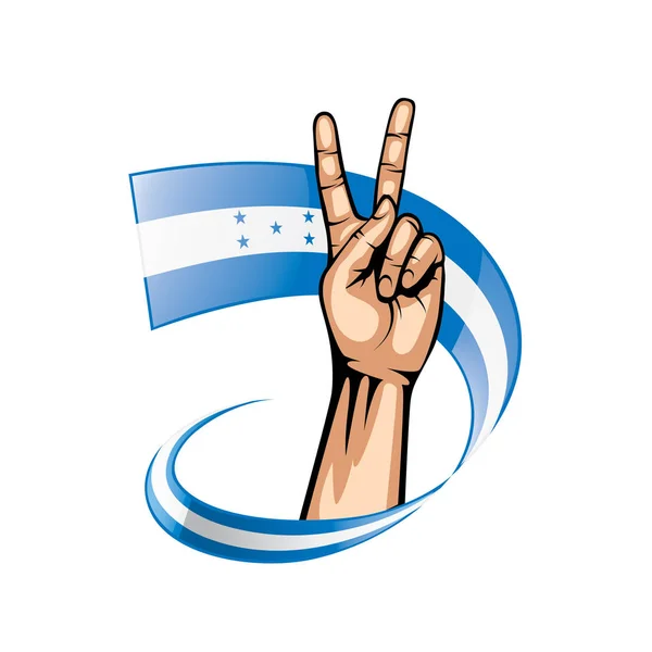 Bandera de Honduras y mano sobre fondo blanco. Ilustración vectorial — Vector de stock
