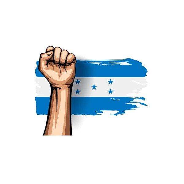 Bandera de Honduras y mano sobre fondo blanco. Ilustración vectorial — Archivo Imágenes Vectoriales