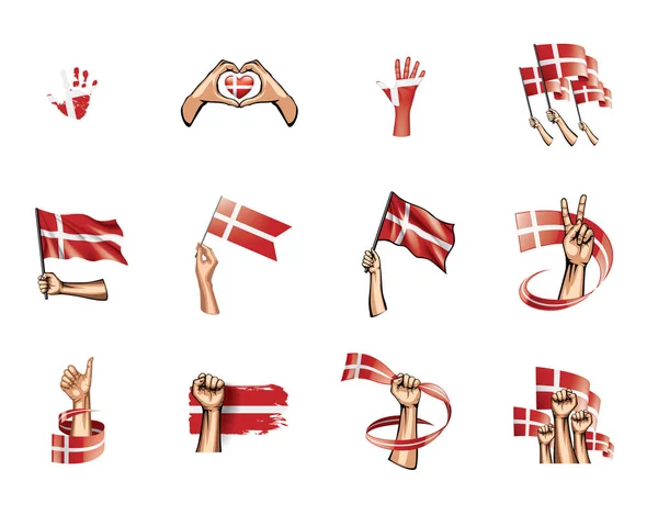 Bandera de Dinamarca y mano sobre fondo blanco. Ilustración vectorial — Archivo Imágenes Vectoriales