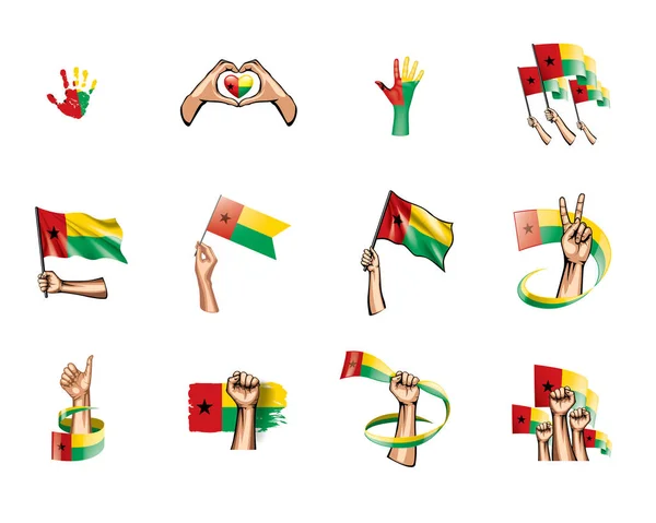 Bandera de Guinea Bissau y mano sobre fondo blanco. Ilustración vectorial — Vector de stock