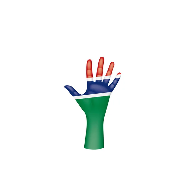 Drapeau de Gambie et main sur fond blanc. Illustration vectorielle — Image vectorielle